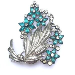 Vtg Otis Sterling Floral Rhinestone Bouquet Brooch Blue Clear